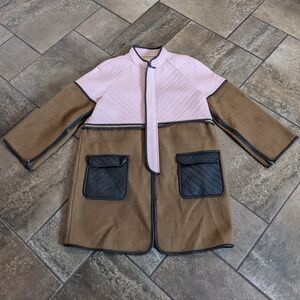 100% Sheepskin 100% Wool Color Block Luxury Chic Coat Size 40 Pink & Brown
